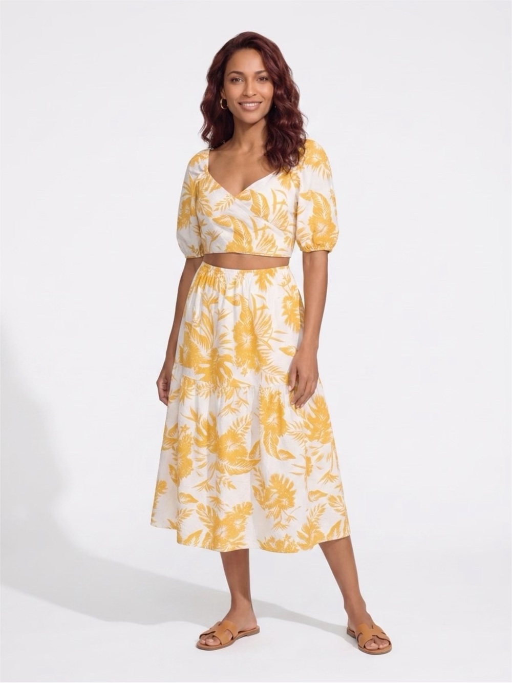CUPSHE White/Yellow Floral Square Neck Puff Sleeve Smocked Cotton Midi Dress M